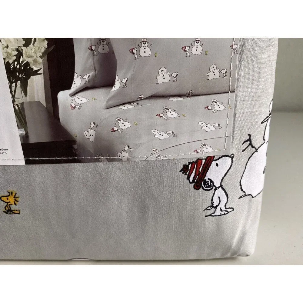Peanuts‎ Snoopy Woodstock QUEEN SIZE Sheet Set Christmas Snowman Winter Grey NEW